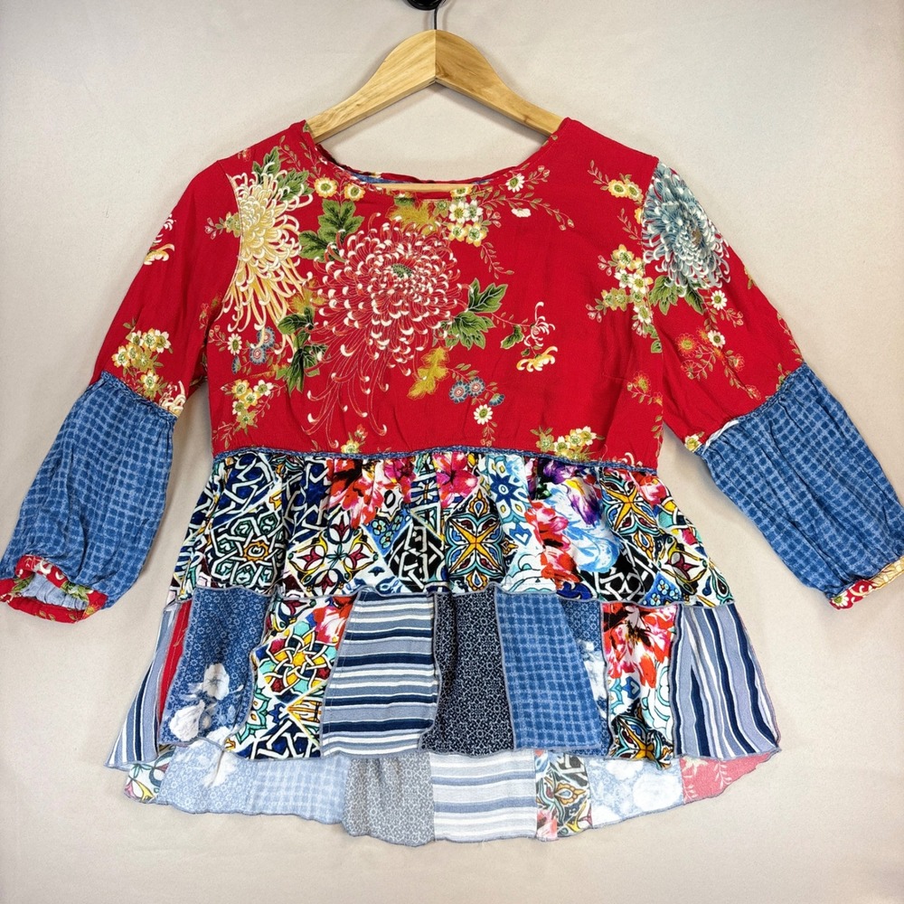 John Mark Patchwork Floral Tunic Women Small Red Boho Cottagecore Peplum Top